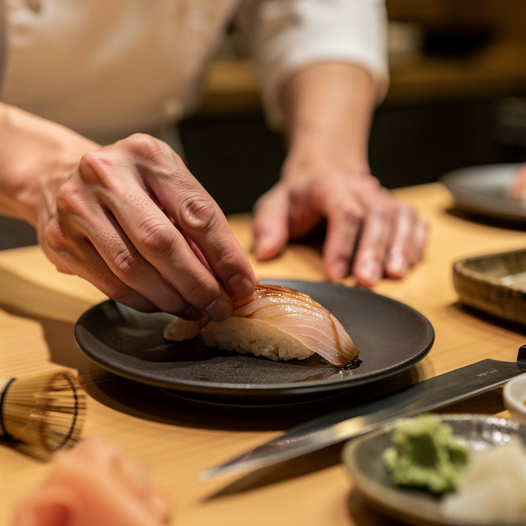 Omakase Sushi Restaurant chef preparing fresh seasonal fish at counter - premium omakase experience in New York