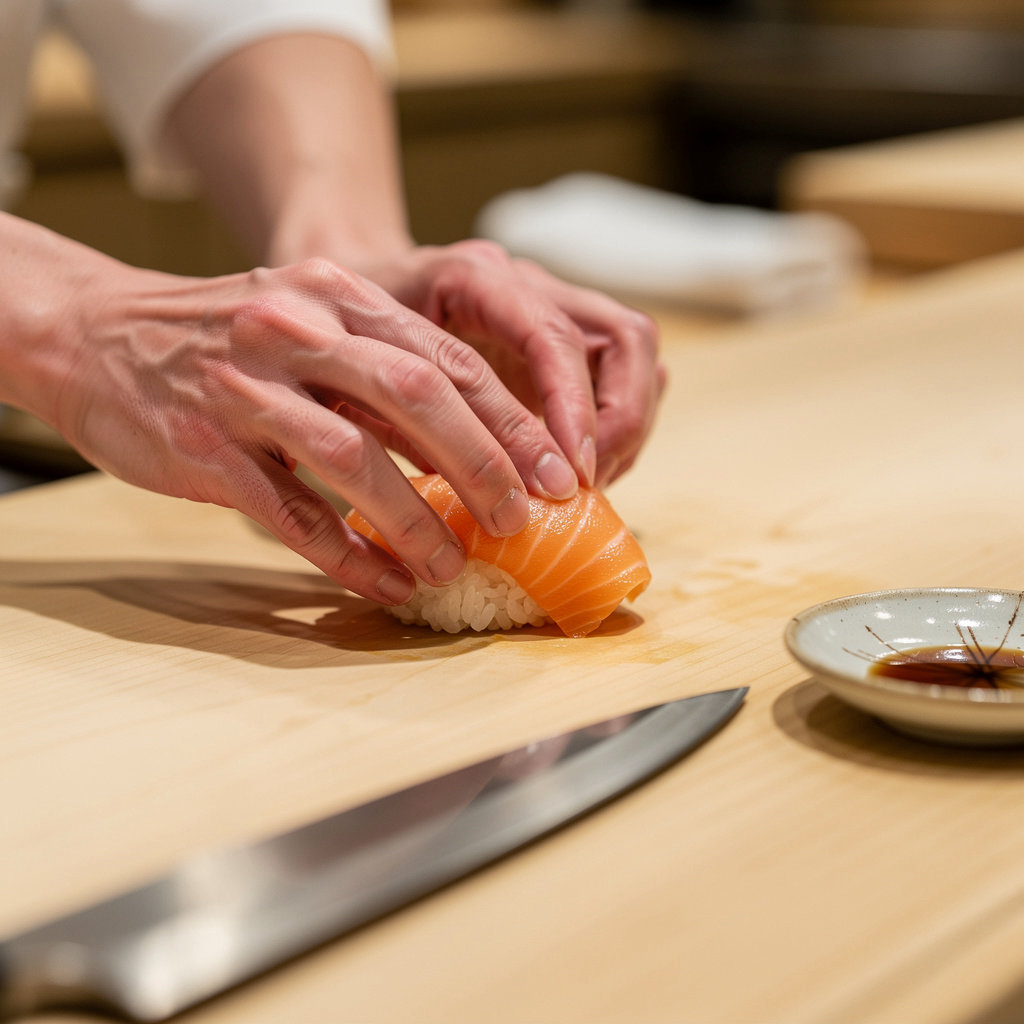Omakase Sushi Restaurant chef preparing fresh seasonal fish at intimate counter in New York