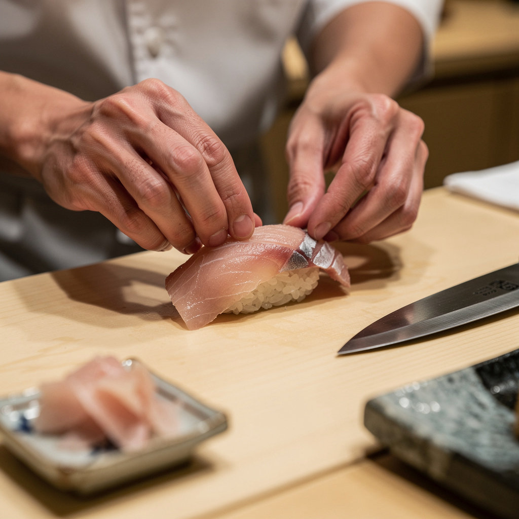 Omakase Sushi Restaurant chef preparing premium sushi at counter in New York